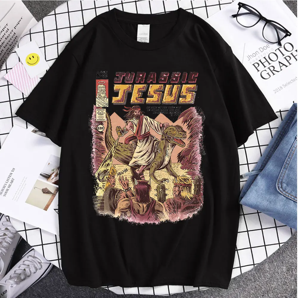 

2021 Fashion Style Tops Jurassic Jesus Print Couple Tee T-Shirst Unsiex High Quality Classic Comfortable Trend Tees Funny Wears