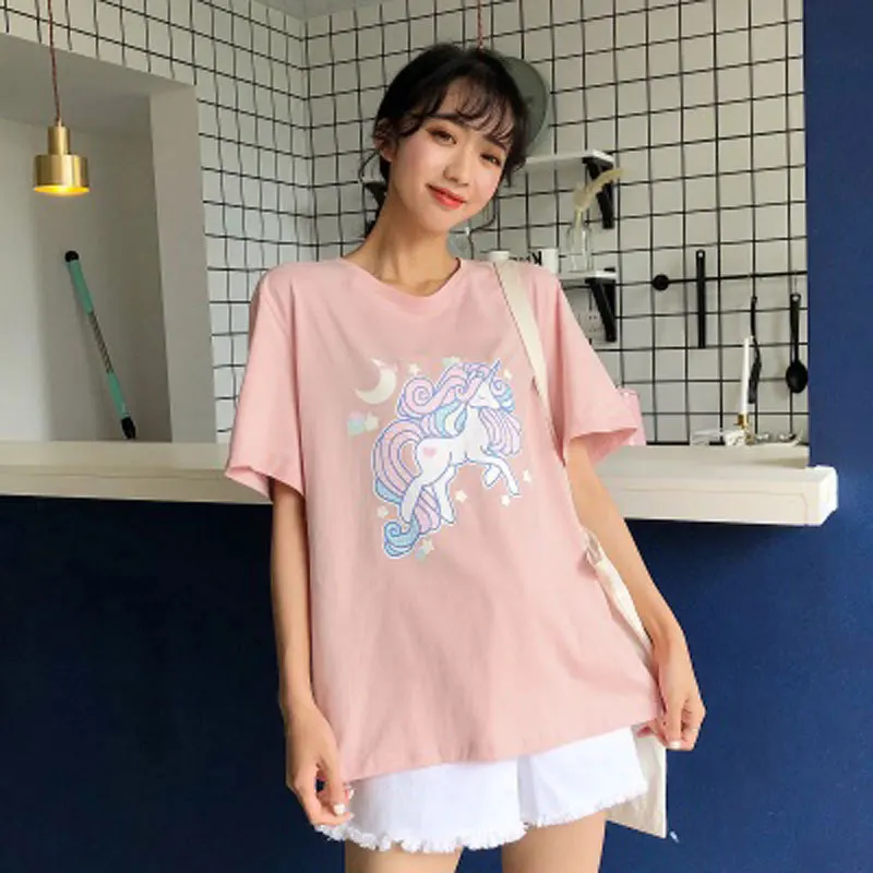 Лето 2020 футболка для женщин единорог с о образной горловиной и