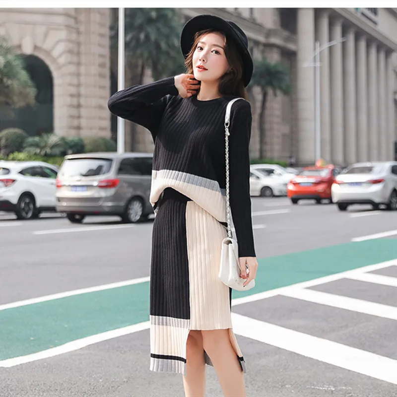 

Женский комплект из двух предметов, повседневный свободный свитер с длинным рукавом и круглым вырезом и облегающая юбка неправильной формы...