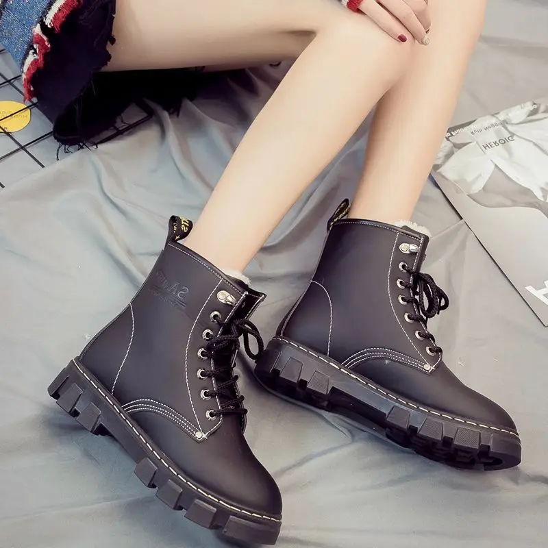 

Chunky Platform Women Ankle Boots Autumn Winter Warm Plush Pu Leather Lace Up Non-Slip Botas Mujer Thick Sole Female Booties