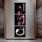 Модульная ваза с фиолетовыми тюльпанами и цветами, 3 шт., настенная Картина на холсте, Постер для прихожей, коридора, вертикальная версия, украшение для дома