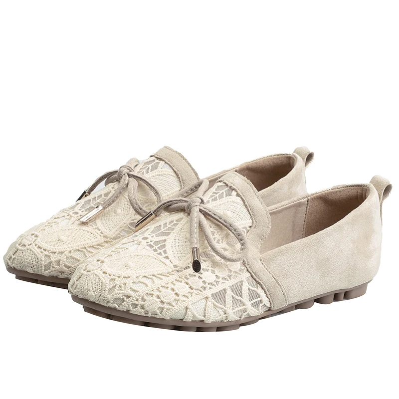 

Plus Size 42 New Style Woman Embroidery Lace Mesh Hollow Loafers Casual Bow Flats Fisherman Maternity Shoes Slip On Moccasin