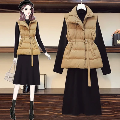 

High Quality Vest Padded Cotton Jacket 2 Piece Sets Womens Outfits Vestido De Muje Woman Dress Ensemble Femme Deux Pieces