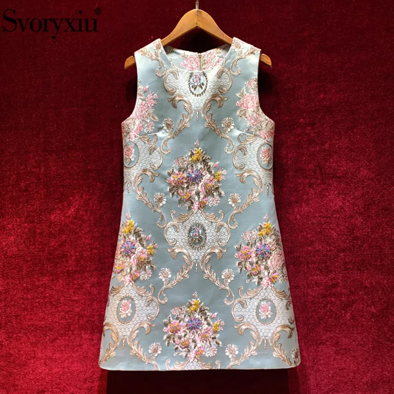 

Svoryxiu Designer Autumn Vintage A-Line Mini Tank Dress Women's Crystal Beaded Print Jacquard luxury Short Dresses Vestdios