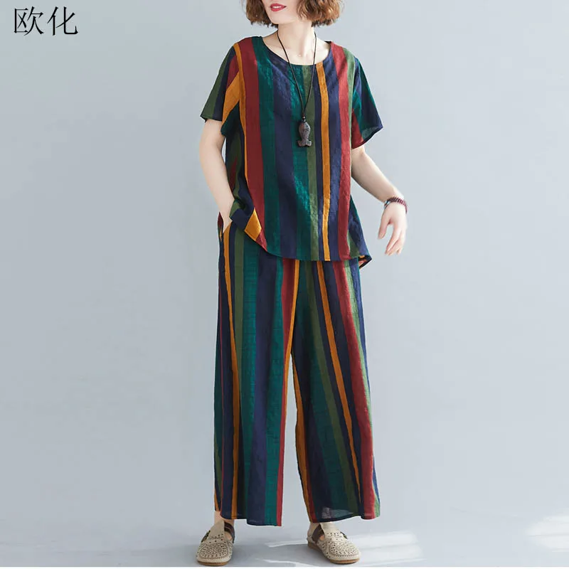 

Женский комплект из 2 предметов, футболка из хлопка и льна с рисунком странные дела, Новинка лета 2020, женские футболки, свободные прямые брюк...