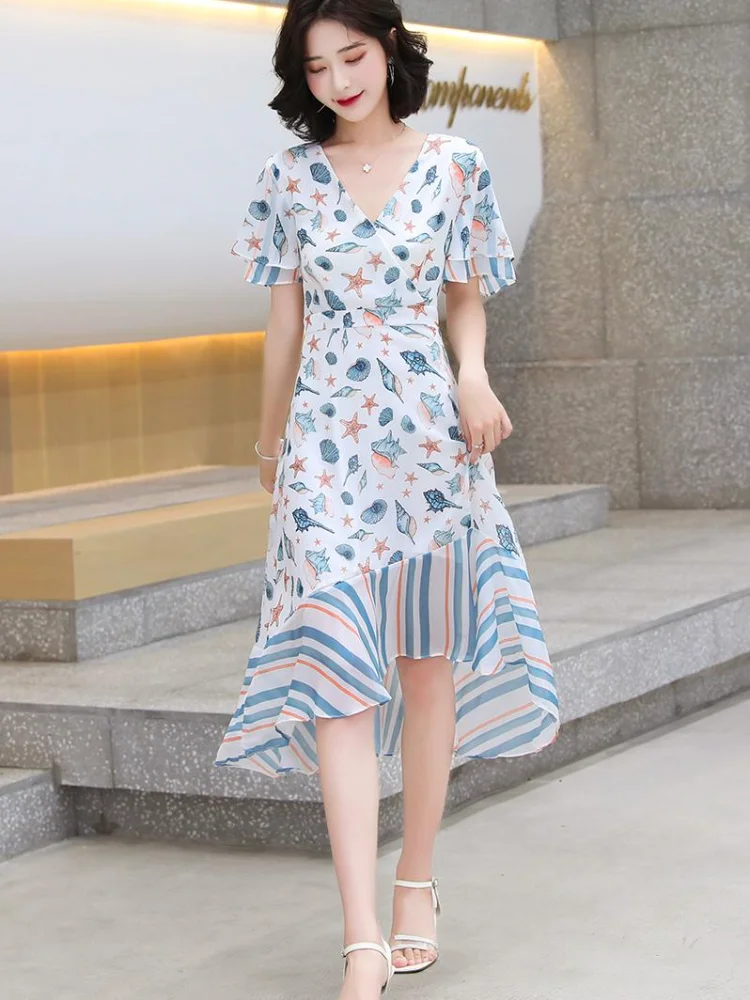 

Chiffon Loose Plus Size Women's Dress New Casual Dresses Mid-length Printing V-neck Fashion Short Sleeve Houthion A-LINE