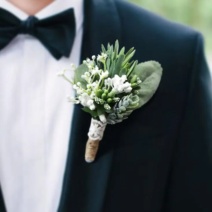 Boutonniere 1 Бутоньерка Цветок жениха свадьба Выпускной брошь булавки зеленое растение Мешковина натуральный бутоньерка корсаж - Цвет: Boutonniere 1