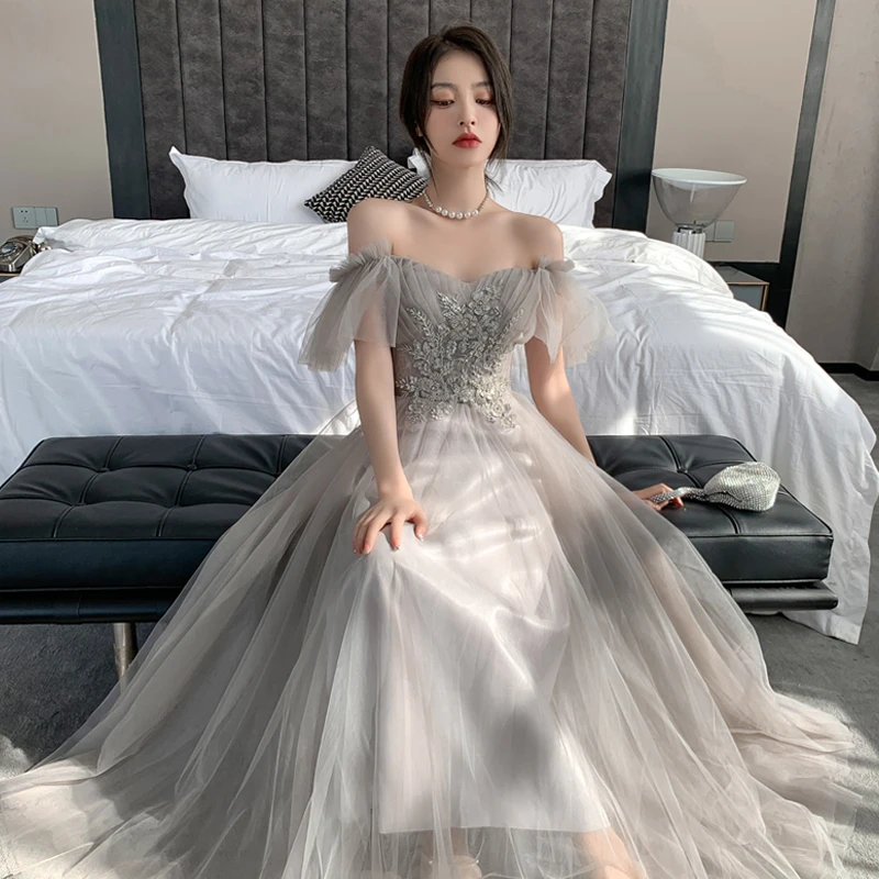 

Grey bridesmaid dress 2021 new summer fairy temperament long thin fairy sisters evening dress skirt female simplicity