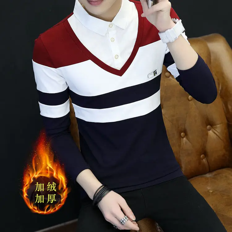 

Winter Men's Long Sleeve T-shirt New Fake Two-Piece Korean Style Fleece-Lined Thickened Cotton Student Shirt Collar Men's Top