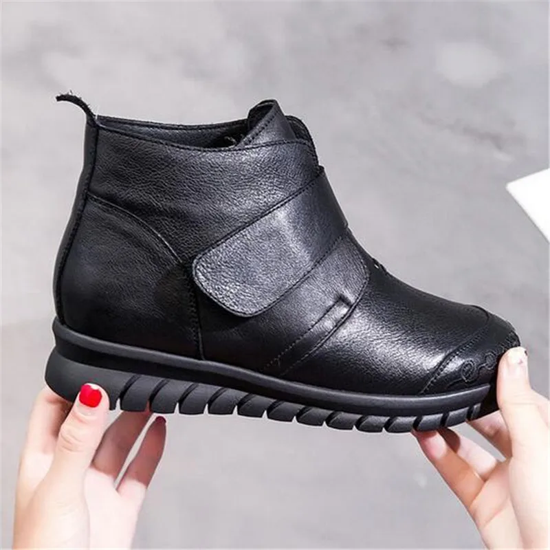 Женские зимние ботинки из воловьей кожи на плоской подошве теплые шерстяные