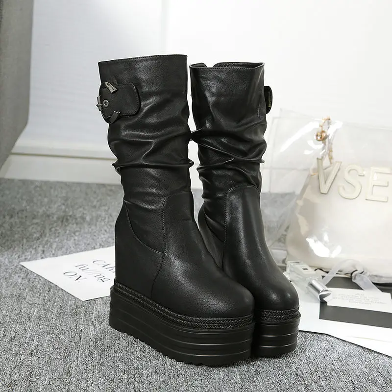 

13CM slope heel ultra-high heel waterproof table muffin thick bottom mid-tube show thin winter increase the black women's boots