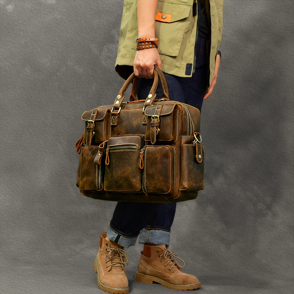 

Crazy Horse leather men's handbags cowhide large capacity portable travel bag vintage men shoulder luggage bags