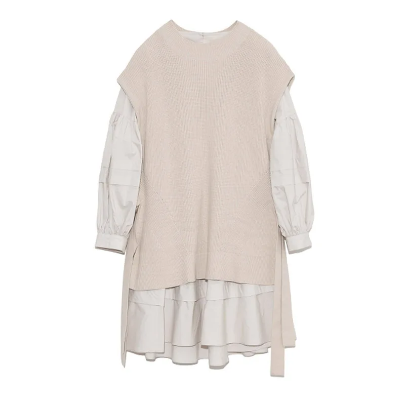 

Spring Loose All Match Suit Fashion Simple 2 Pcs Women Set Turn Down Collar Long Sleeve Shirts + O Neck Sleeveless Knit Vest