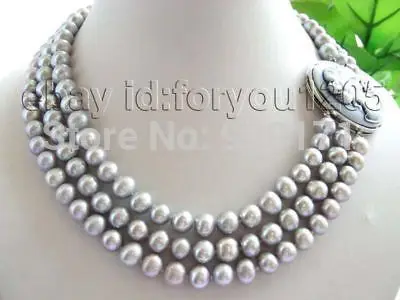 

Hot sell Noble- 3rows Natural 8-9mm Round Gray Pearl Necklace Cameo