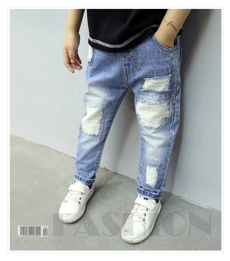 TK607 blue Kids Jeans for Boys Fashion Splice Denim Trousers Children Broken Hole Jeans Autumn Winter Casual Costume Wear Long Pants - Цвет: TK607 blue