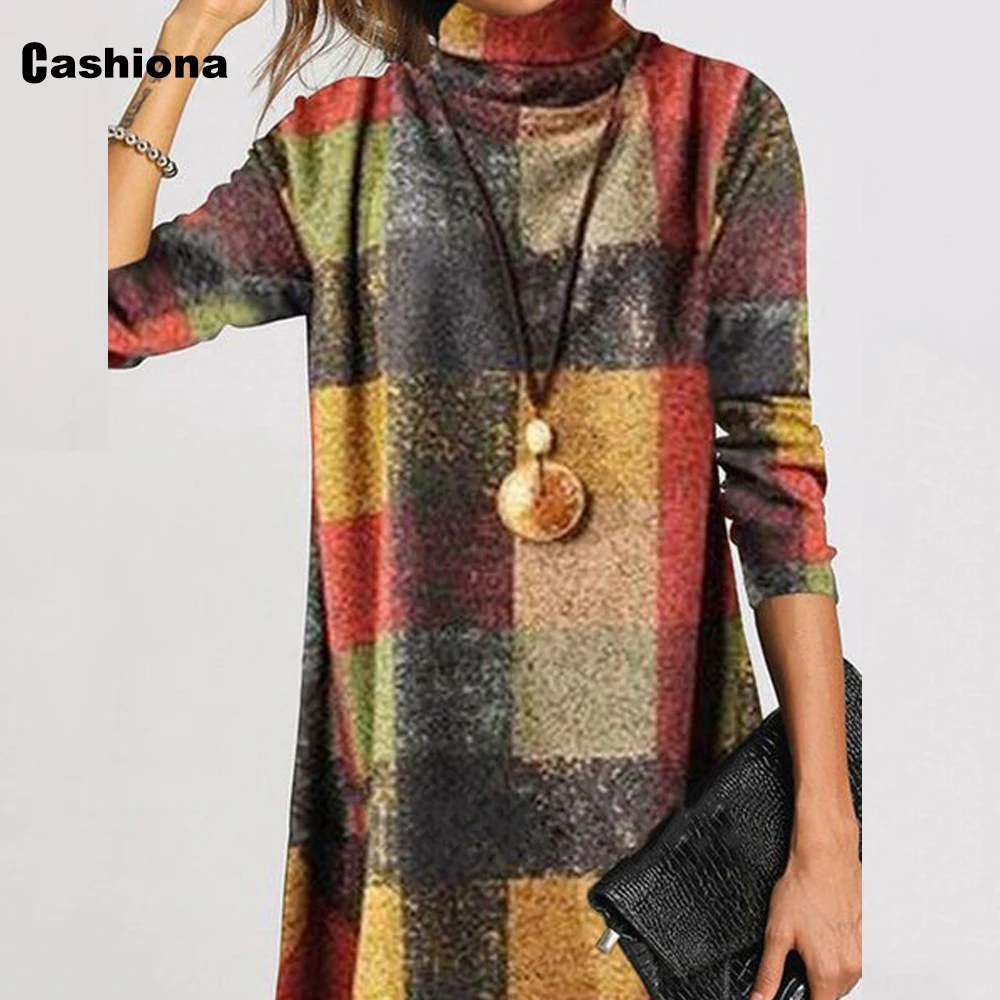 

Plus Size 4xl Women Elegant Leisure Short Mini Dress Turtleneck Plaid Dresses Femme Vintage Loose Dress Ladies Clothing 2021