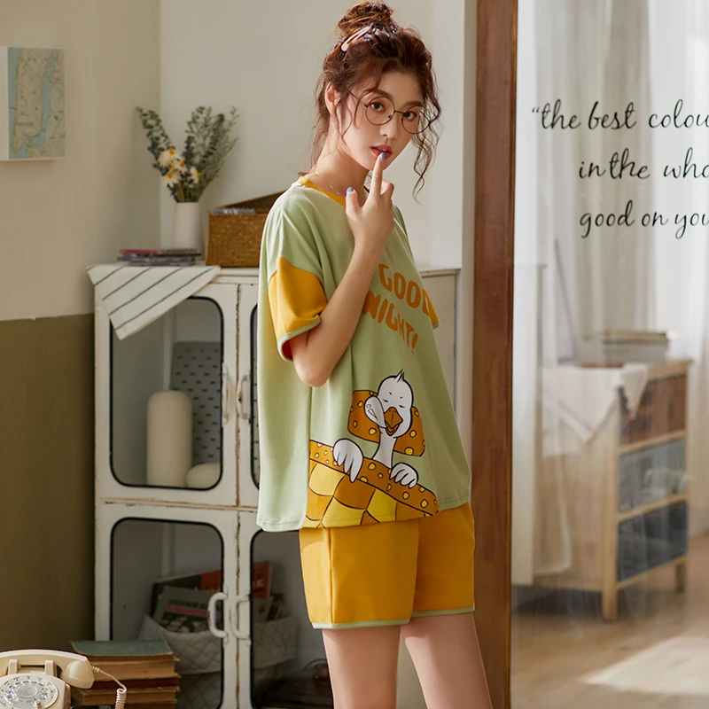 Пижама женская хлопковая с коротким рукавом и мультяшным принтом | Пижамные