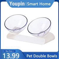 youpin pet double bowls cats dogs feeding dishes transparent tilt design pet water food feeder pets supplies with raised stand