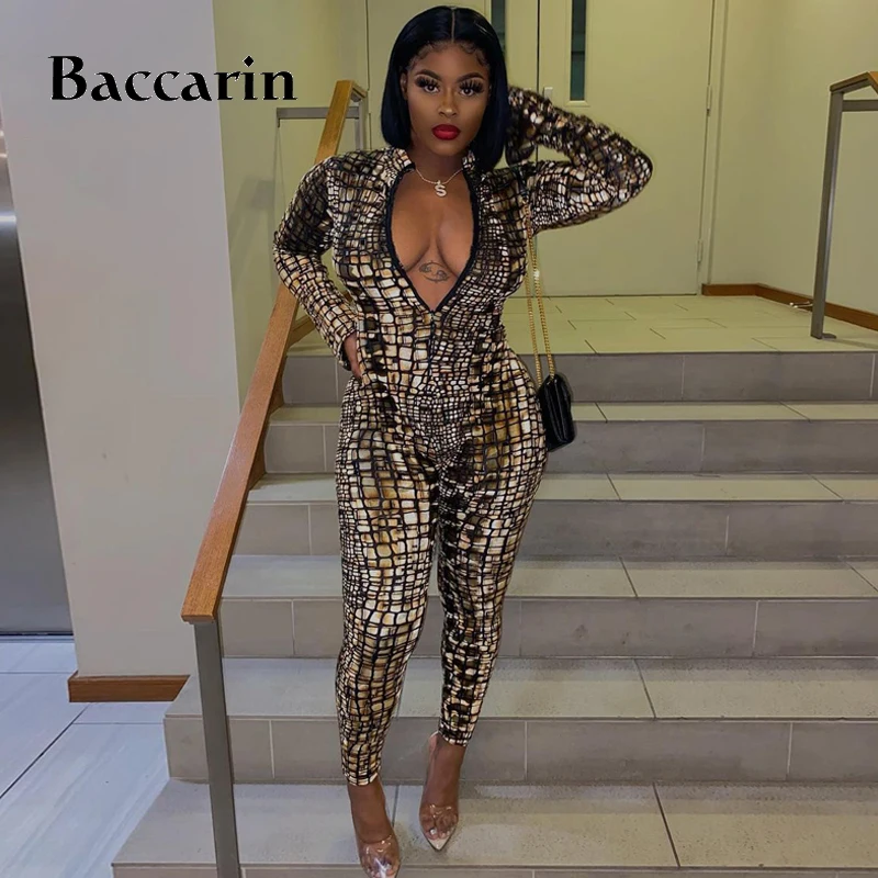 

Baccarin Snake Print Women Long Sleeve Jumpsuit Zipper Bodycon Skinny Sexy Streetwear 2020 Autumn Winter Club Romper Casual