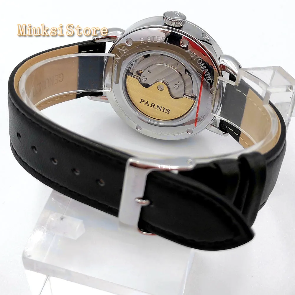 Новые Парнис 42 мм Серебристый футляр для часов Дата Кожаный автоматический