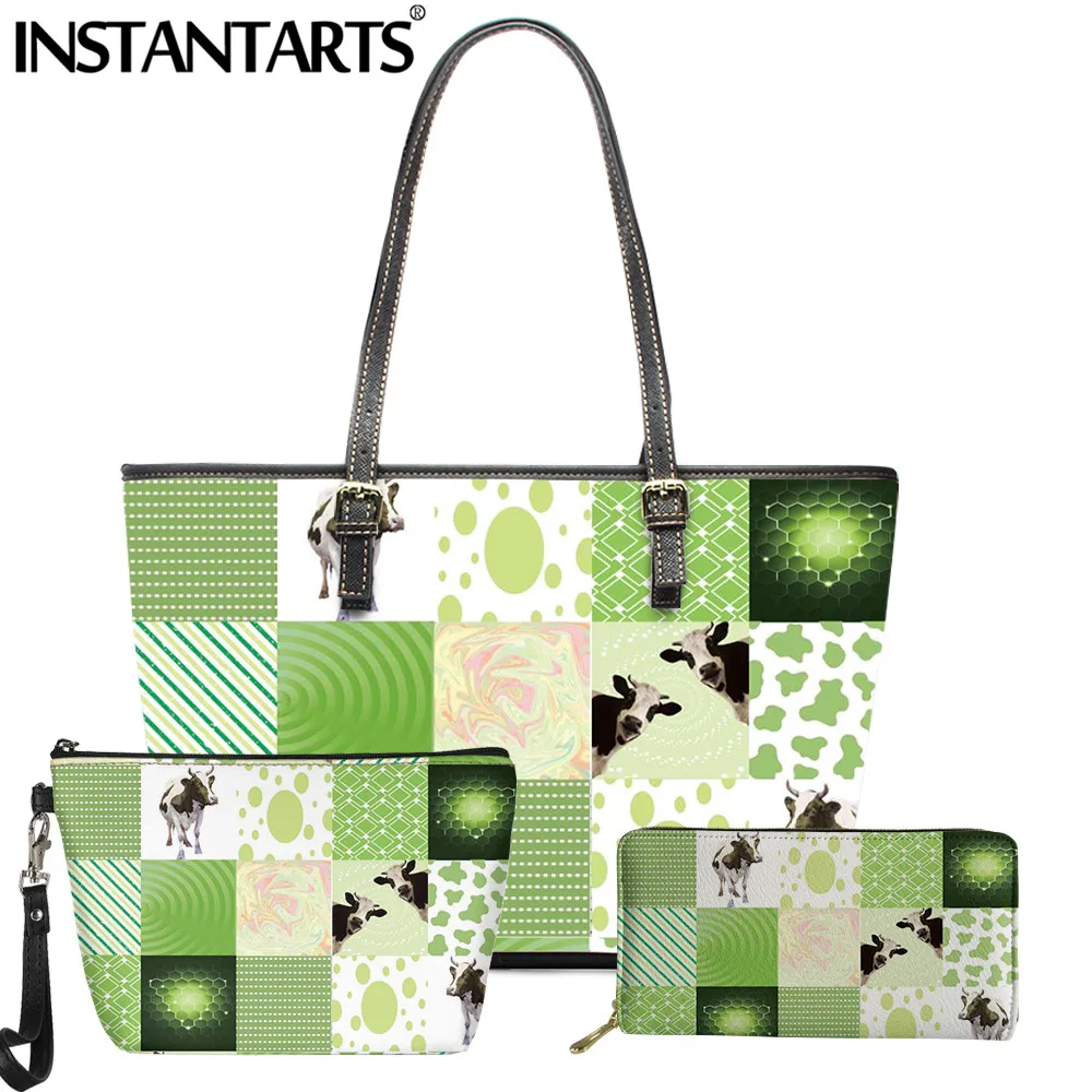 

INSTANTARTS Stitching Cow Pink Pattern Shoulder Bag Women PU Leather Large Top-Handle Bags Girls Makeup Case Wallet 3pcs Pack