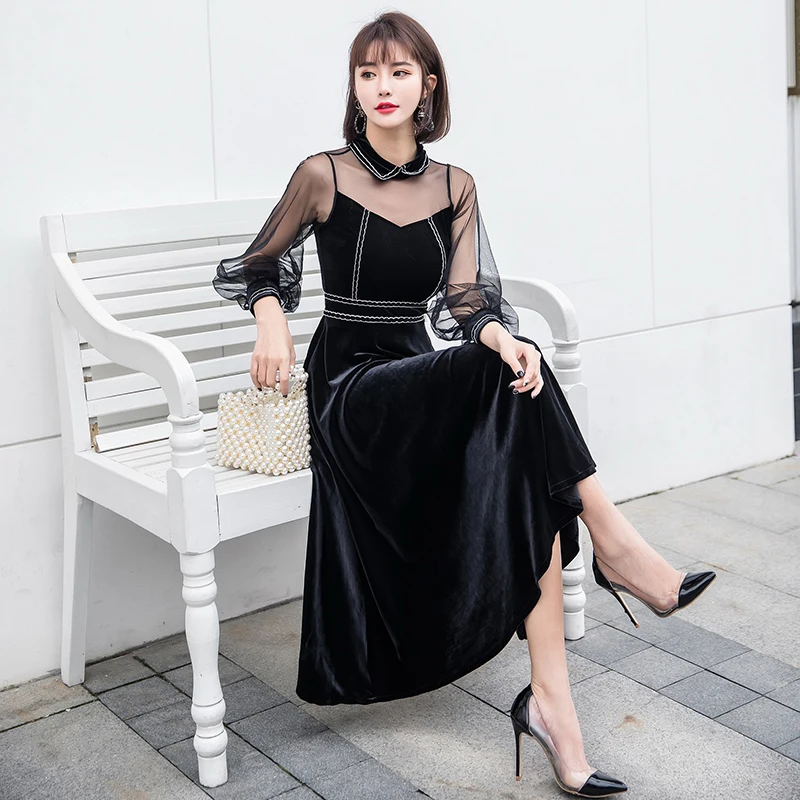 2019 Новое Осеннее женское платье с длинными рукавами в стиле пэчворк сетки