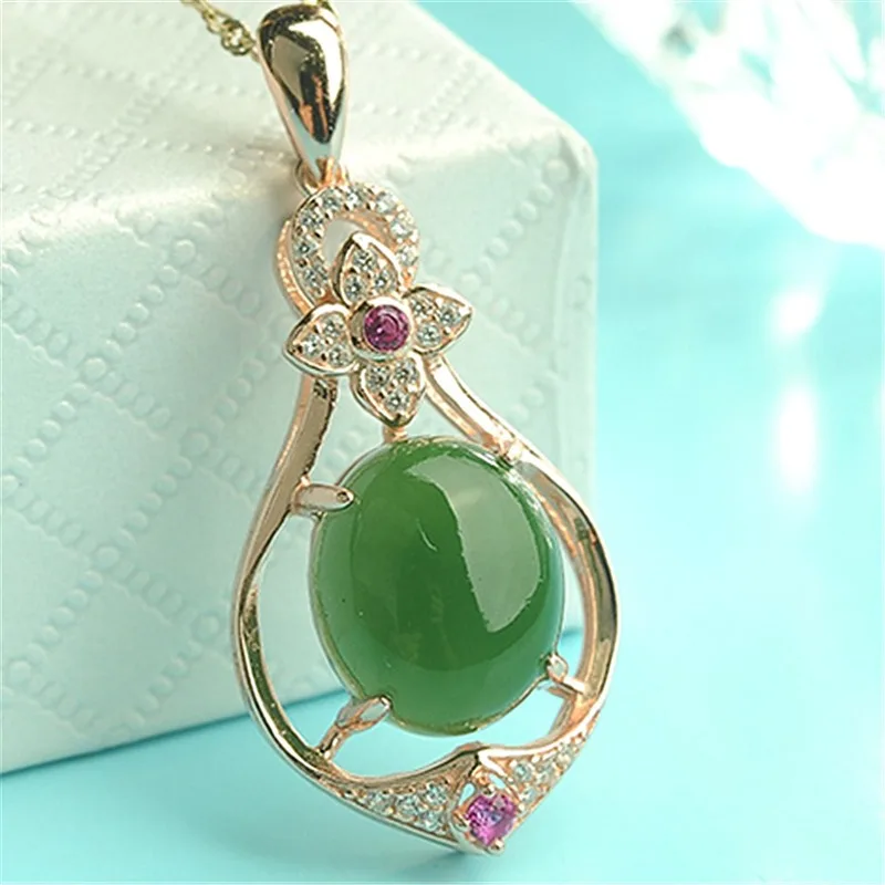 Овальный Кулон из натурального зеленого нефрита с халцедоном ожерелье серебра 925