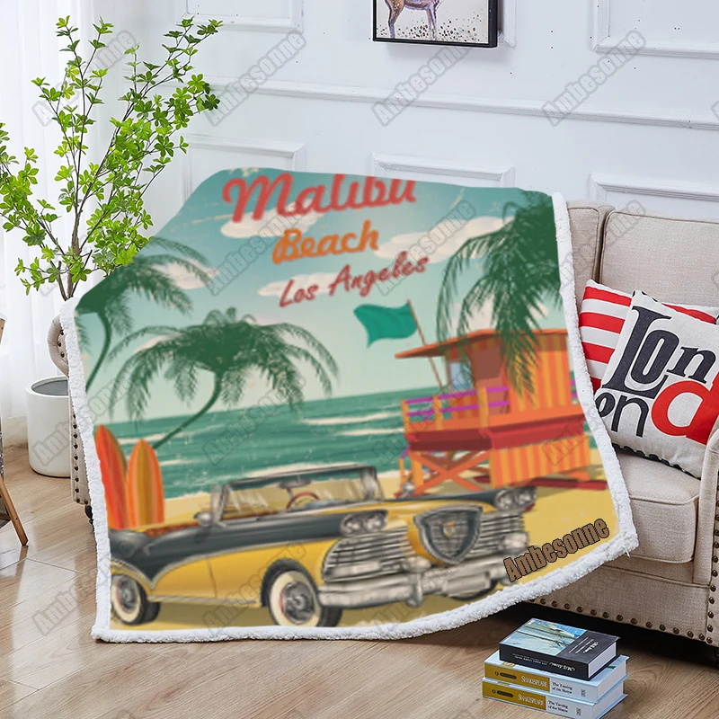 

Malibu Beach Print Blanket Vintage Car Throw Blanket Summer Blankets Kids Adult Bed Blanket Fleece Picnic Blanket Custom Blanket