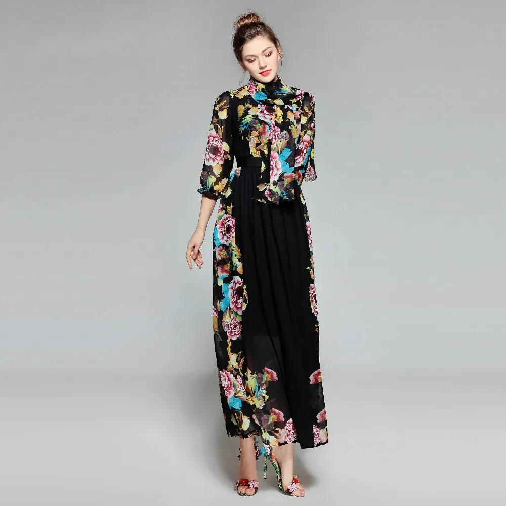 2022 Spring New Arrival Vintage Bow Three Quarter Sleeve Elegant Print A-Line Ankle-Length Long Dress Women  party dress