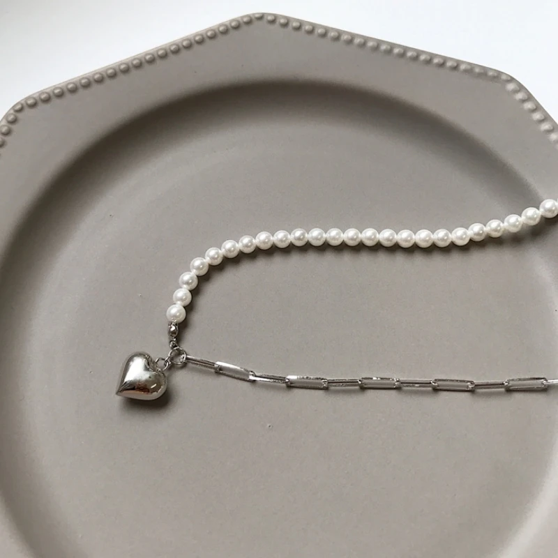 

925 Silver Vintage Asymmetry Pearl Chian Necklace High Quality Heart/Shell Gold Necklace for Women Elegant Fine Jewelry 2020