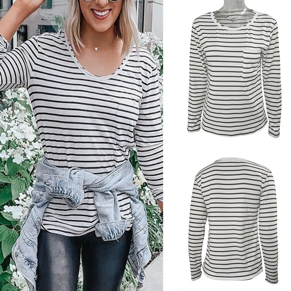 

Women Long Sleeve T-Shirt Stripe Printed Slim Base Casual O-Neck Tees Tops A66