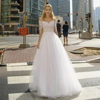 tulle 34 sleeve wedding dresses 2021 a line sheer o neck lace appliques sequins floor length bridal gown button sweep train