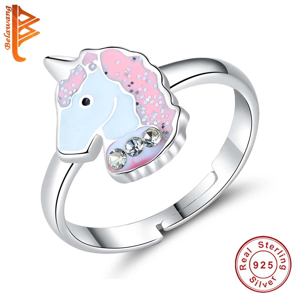 

BELAWANG Genuine 100% 925 Sterling Silver Cute Unicorn Finger Rings For Children Girl Fashion Enamel Jewelry Bitthday Gift