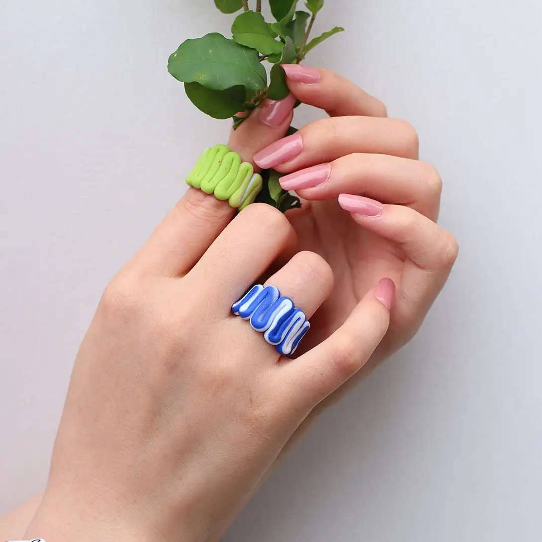

Lifefontier Trendy Unusual Geometric Polymer Clay Wide Rings for Women Handmade Multicolor Stripe Clay Rings Summer Jewelry