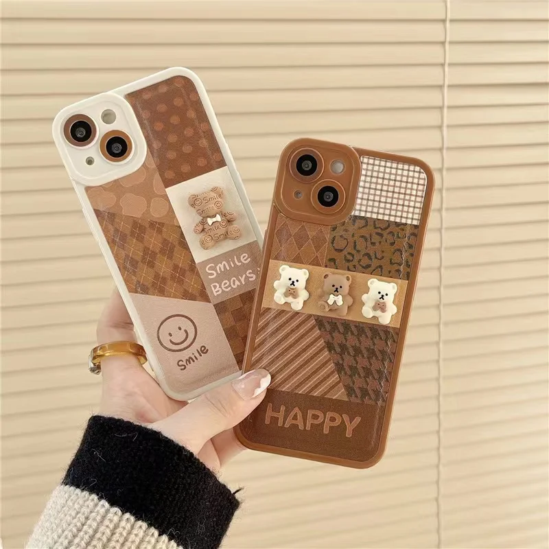

Leopard Pattern Stitching Checkerboard Apple 13ProMax Mobile Phone Case IPhone11/12 Stereo Bear X/XR/8p