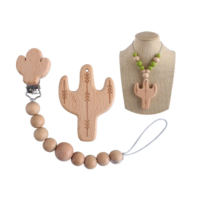 

Cactus Style Beech Wooden Teether Rodent Cactus Pacifier Clips Chain Mom Teething Necklace