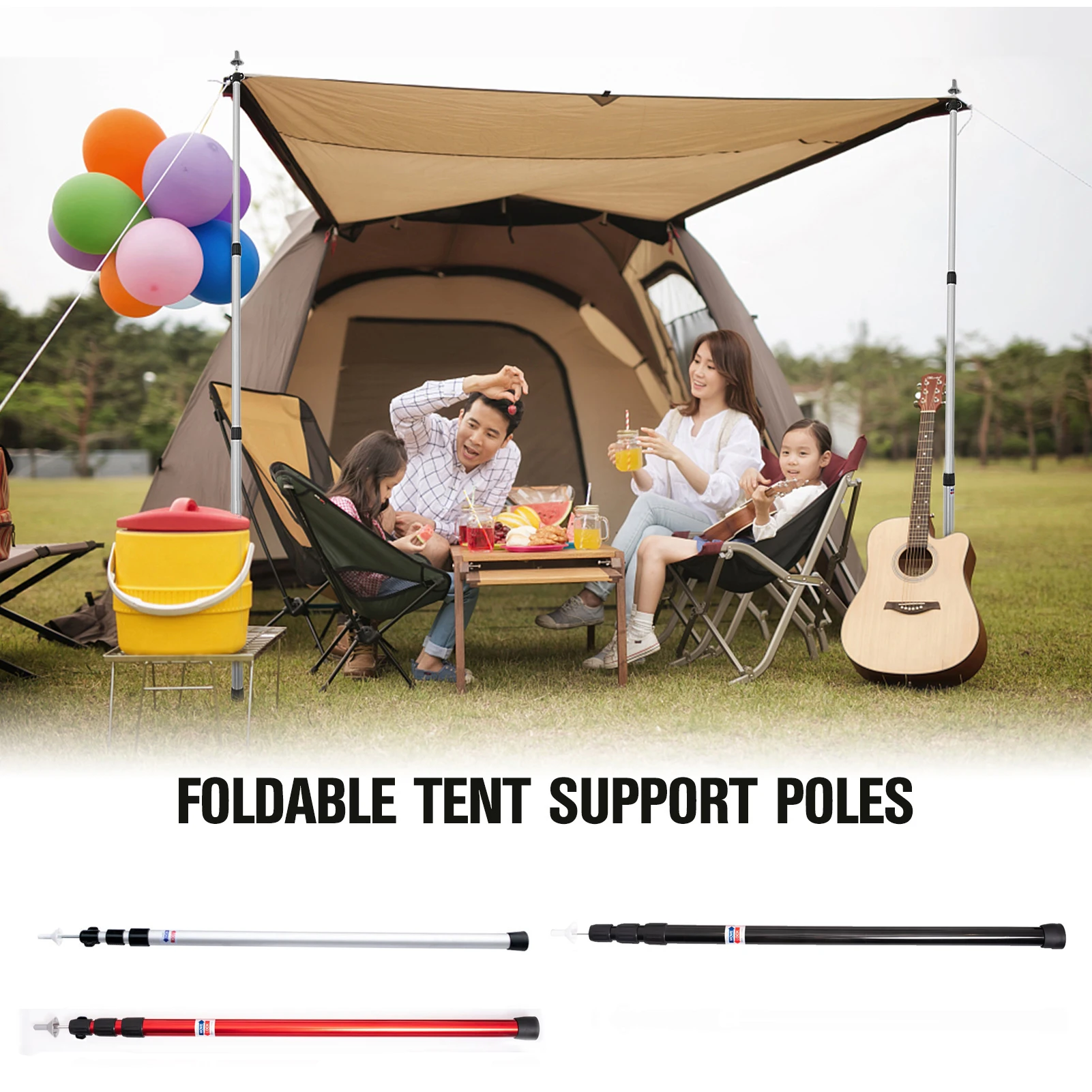 Outdoor Camping Tent Pole Thicken Aluminum Alloy Adjustable Tent Support Rods Hiking Backpacking Beach Shelter Tarp Awning Pole