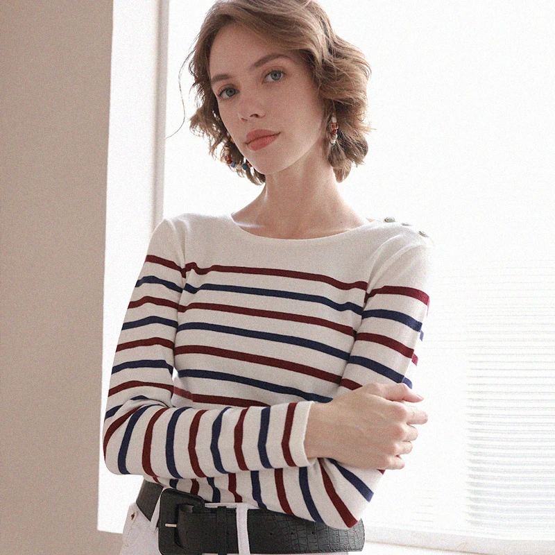 

Женский трикотажный джемпер в полоску, элегантный повседневный винтажный пуловер с длинным рукавом и круглым вырезом, весна-осень 2022