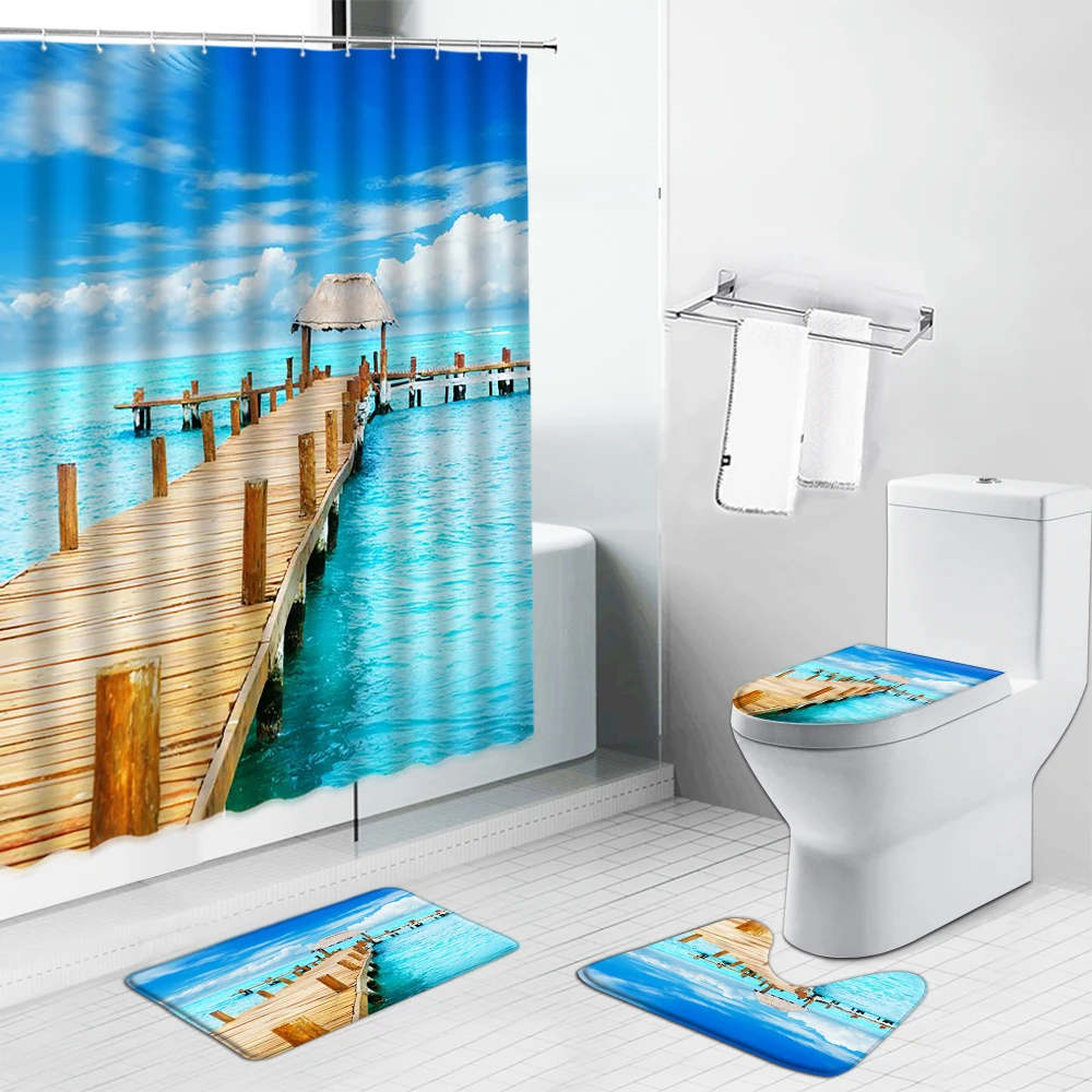 

Palm Tree Beach Ocean Scenery Shower Curtains Set Sea Landscape Starfish Shell Print Bathroom Decor Bath Mat Toilet Cover Carpet