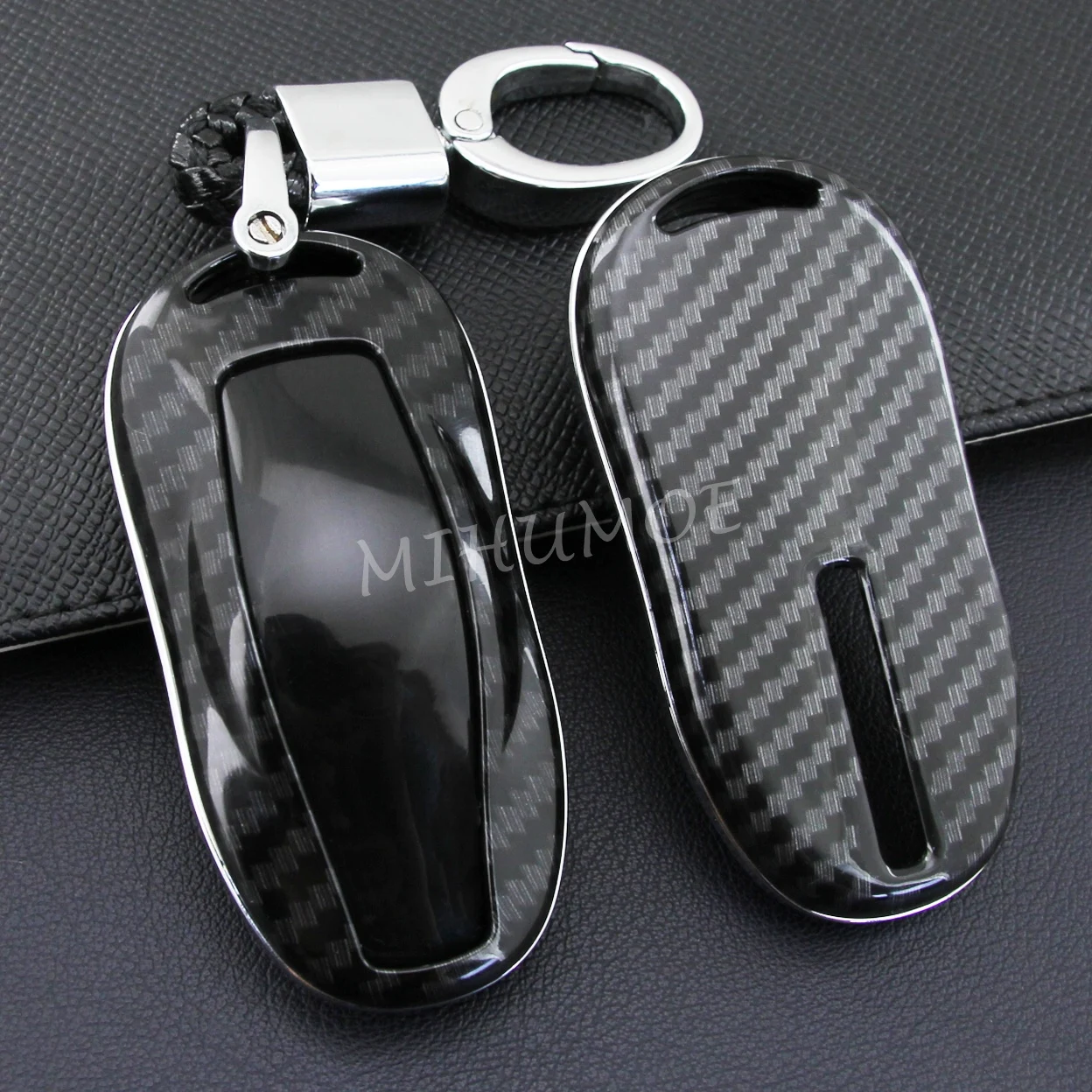 

Carbon Fiber Hard Car Key Cover Fob Case Chain Ring Holder For Tesla Model 3 Model S