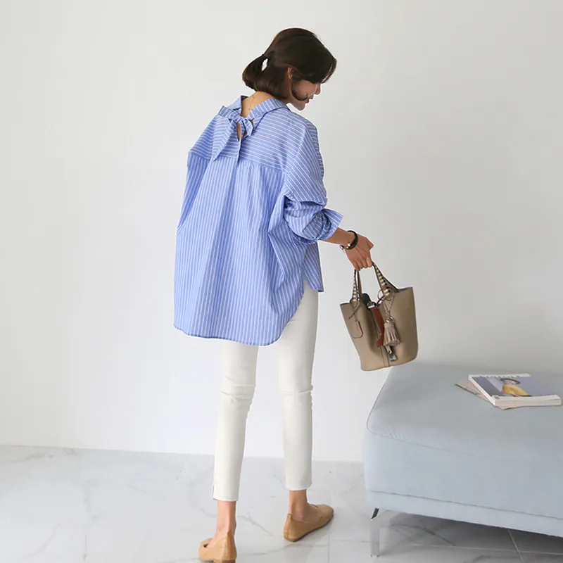 

Casual Women Striped Shirt Tops 2021 Spring New Striped Turn Down Collar Shirt Women's Middle-length Loose Irregular Full