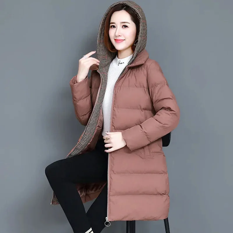 

Patchwork Hooded Parkas Women Letter Print Midi-Length Down Padded Coat Winter Thicken Warm Slim Elegant Female Jacket Plus Size