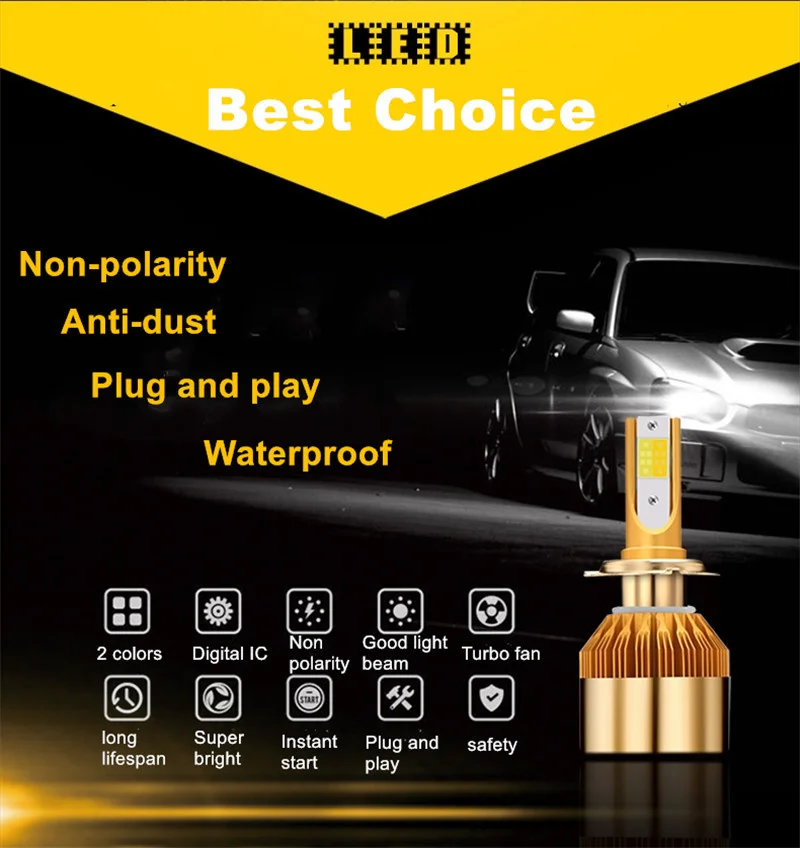 

H7 H11 LED Car Headlight 9005 HB3 9006 HB4 H8 9012 H1 H3 880 881 H27 H4 LED Dual Color Headlight Kit 3000K 6000K 9600LM