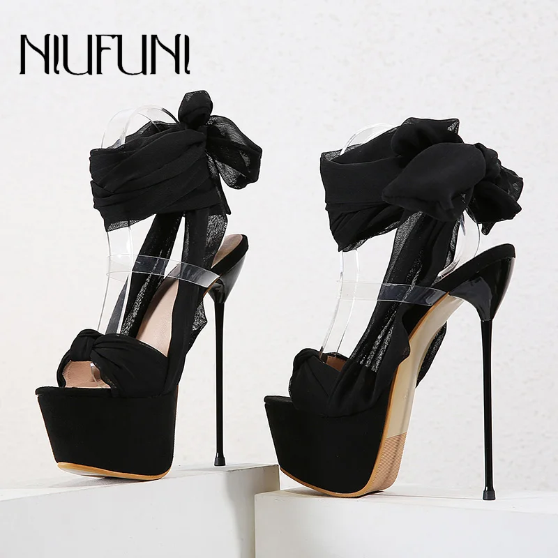 

Summer Bow Stilettos Super High Heels Ladies Sandals Black Sexy Ankle Straps Bare Instep Women's Shoes Cross Ribbon Fish Mouth