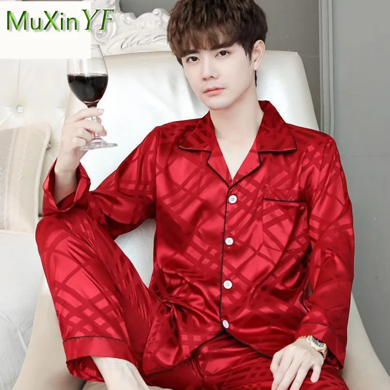 Ice Silk Pajamas Men's Spring Fall Thin Section Plaid Long-sleeved Trousers Pijamas Two-piece Korean Casual Male Sleepwear Suit