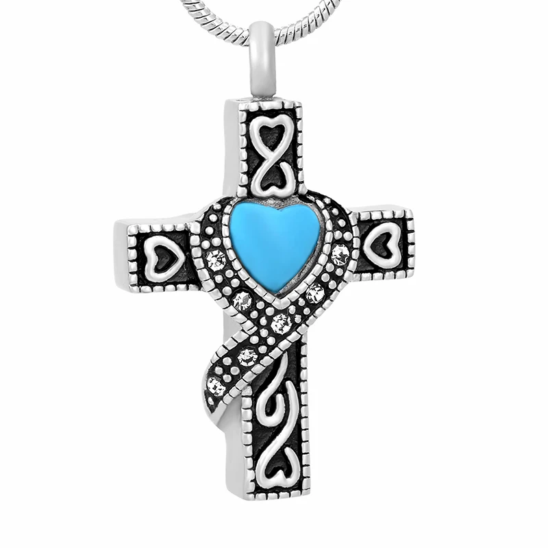 

SJFE993 Blue heart inlay cross design cremation pendant pet/ human ashes holder keepsake jewelry stainless steel