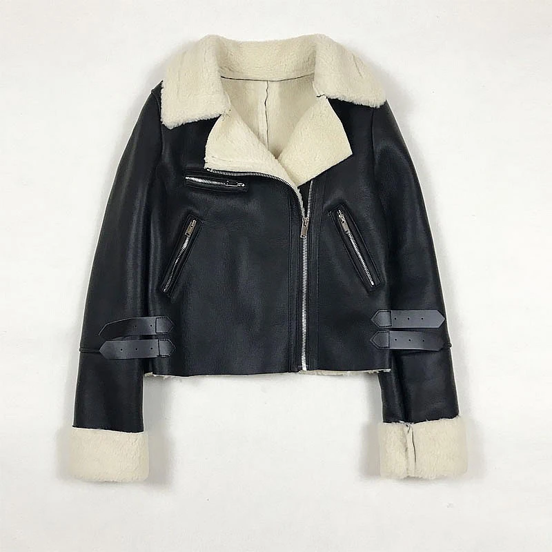 

Women Short Faux Leather Jackets With Velvet Lambswool Thick Warm Coats Long Sleeve Zipper Jacket Cashmere Outerwear Moto&Biker