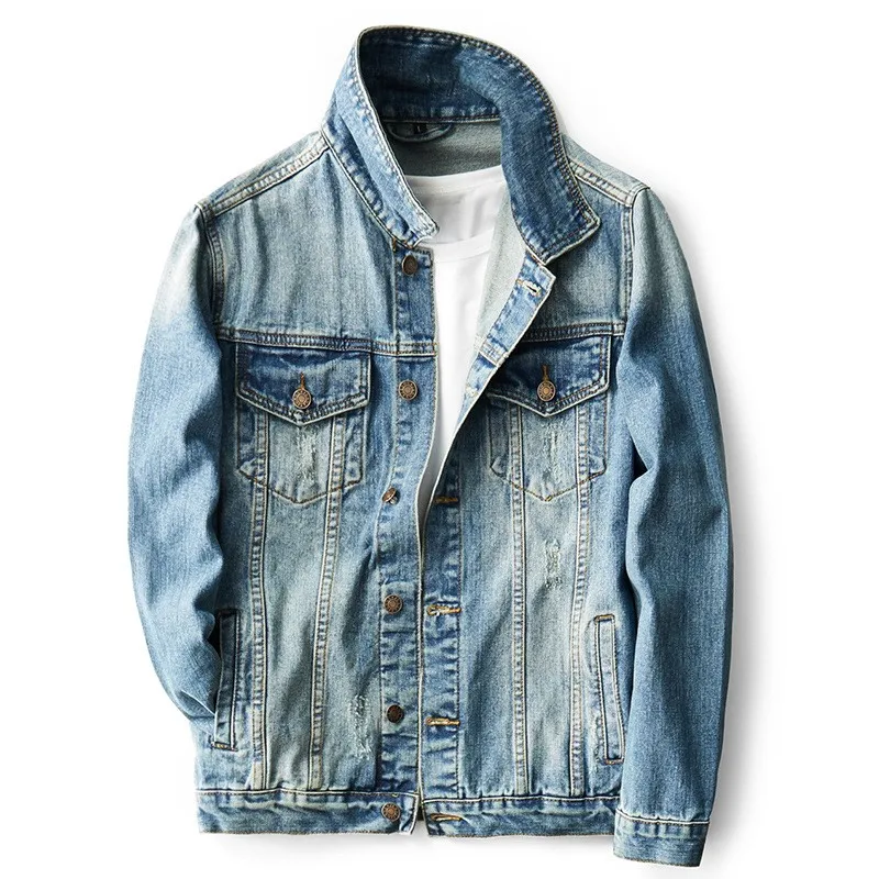 

Vintage Hole Ripped Casual Washed Mens Denim Jackets Fashion Long Sleeve Single Breasted Lapel Pockets Outerwear Coats Plus Size