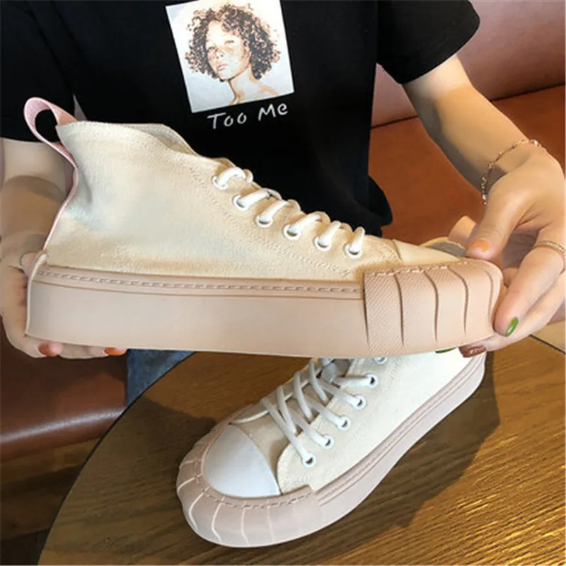 High Quality Classic Women White Canvas Shoes Spring Autumn High Top Women Platform Vulcanized Shoes Female Flat Casual Shoes - Цвет: Белый