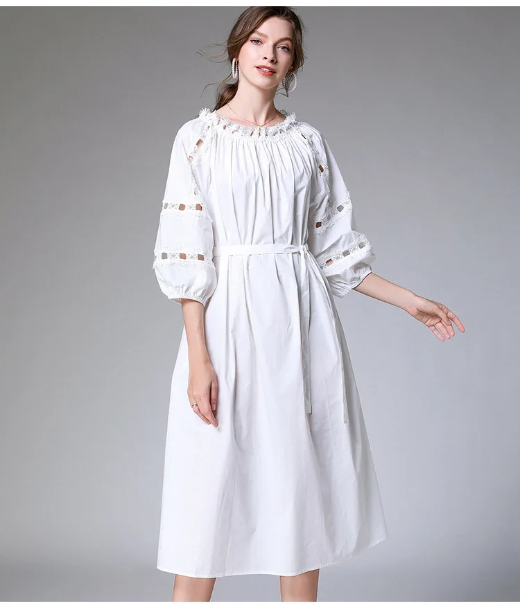 

2020 New Arrival Free shipping Plus Size Women's Dress Autumn Half Lantern Sleeve Loose Lotus Collar Belt Knee length Dress